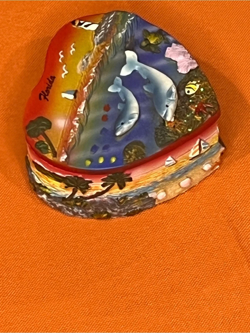Florida Heart Shaped Trinket Box with Dolphins